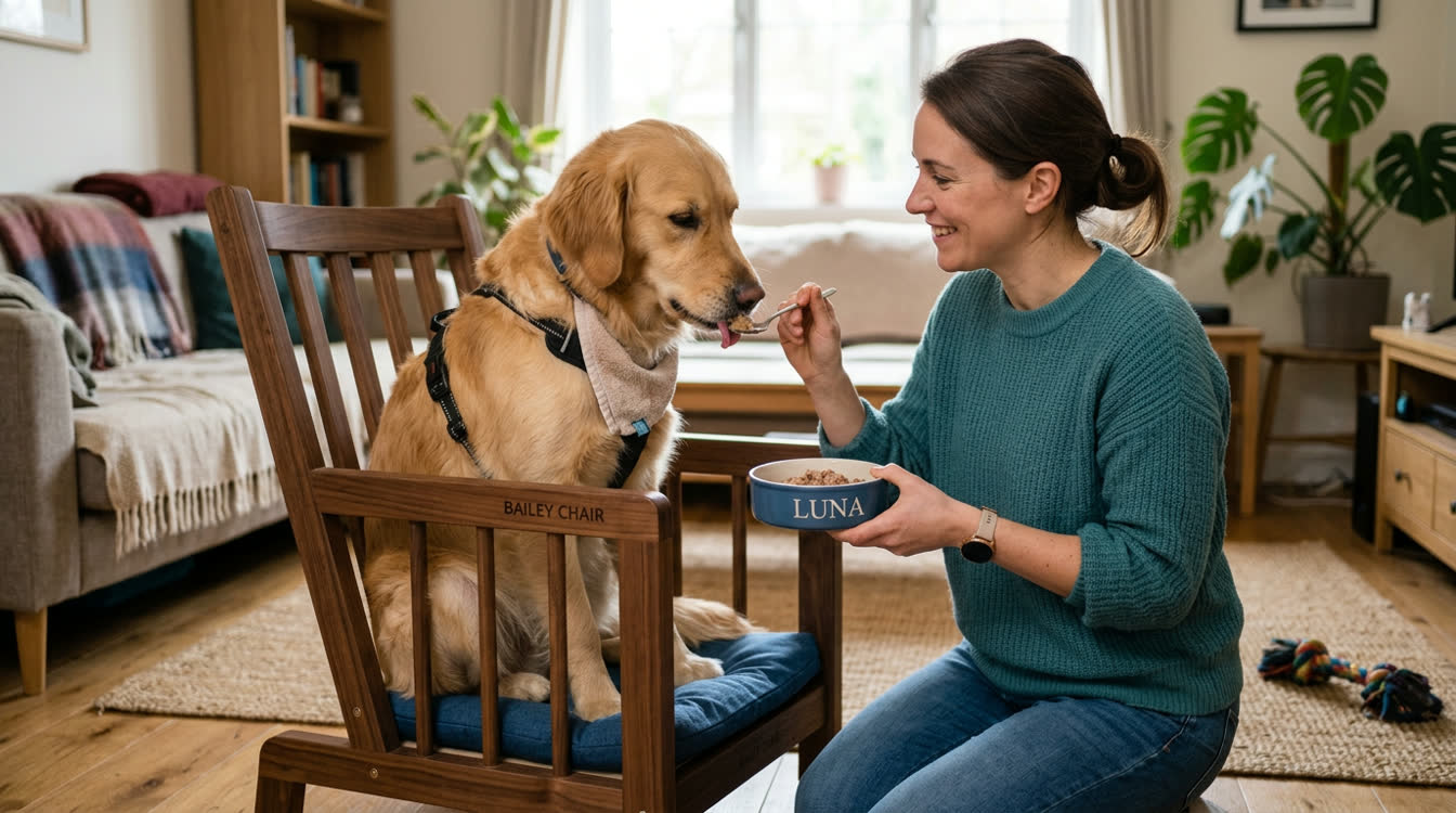 Dog owner feeding dog in a Bailey chair for megaesophagus management
