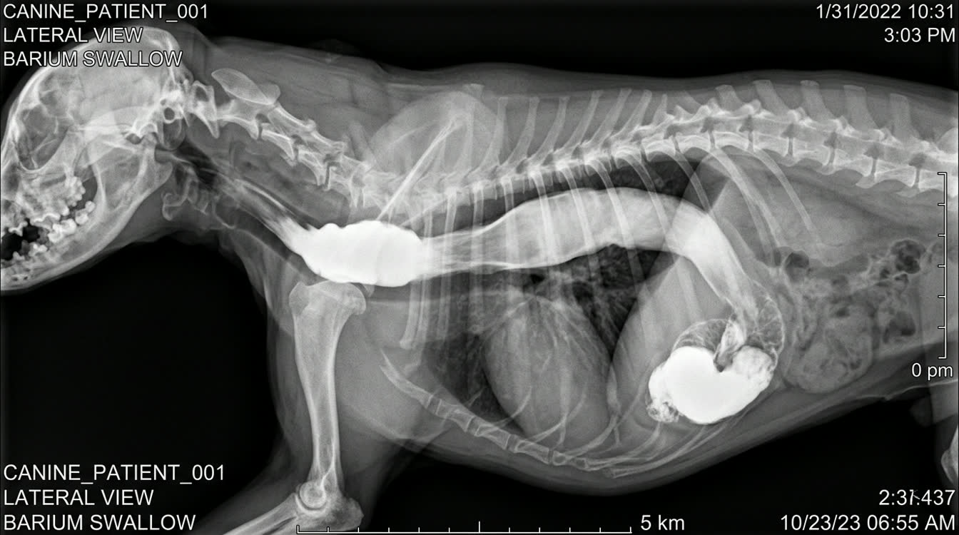 Fluoroscopic barium swallow study showing megaesophagus dilation in a dog
