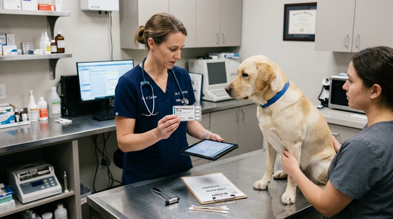 Veterinarian reviewing metronidazole prescription for a dog