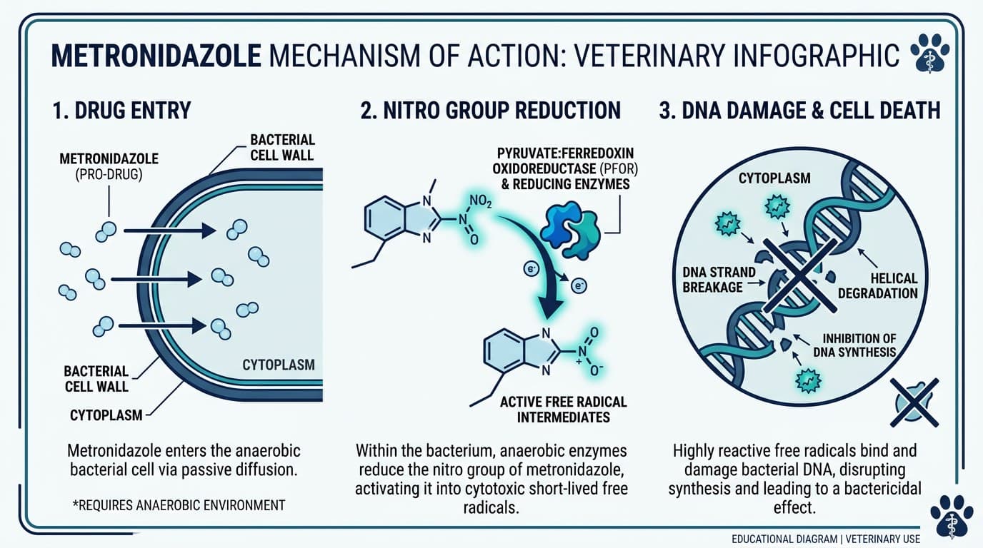 Metronidazole mechanism of action diagram showing anaerobic bacterial DNA damage