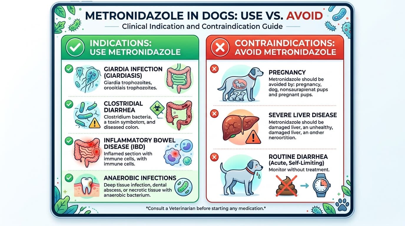 Clinical diagram showing when to use and avoid metronidazole in dogs
