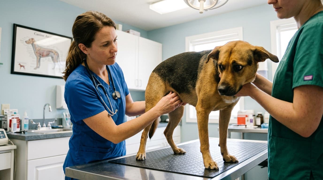 Veterinarian examining a dog with gastrointestinal disease