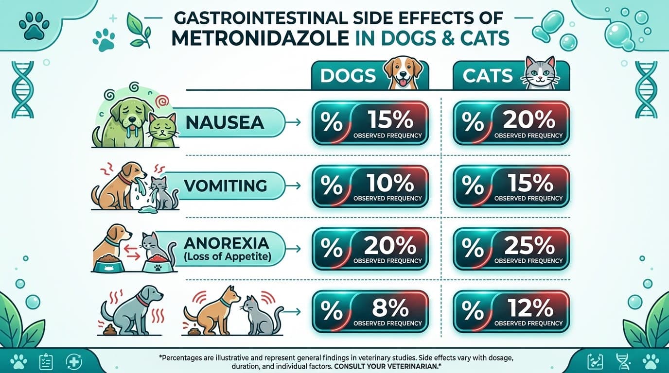 Infographic showing GI side effects of metronidazole in dogs and cats