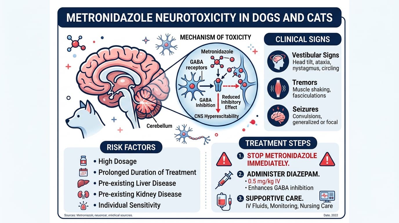Clinical diagram of metronidazole neurotoxicity signs and treatment protocol
