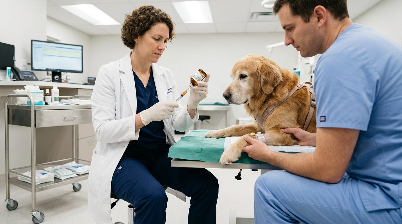 Veterinary oncologist reviewing metronomic chemotherapy protocol for a dog with cancer