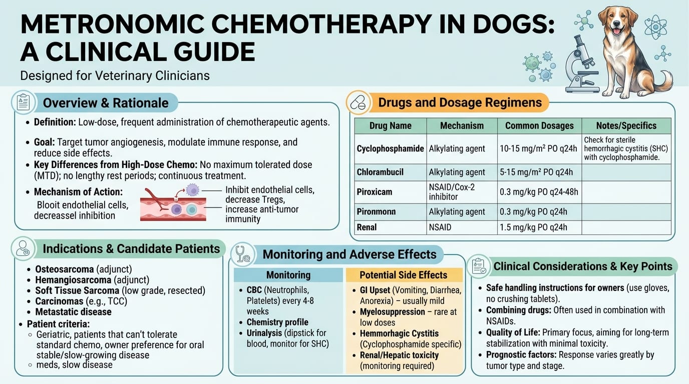 Monitoring schedule flowchart for dogs on metronomic chemotherapy with CBC and urinalysis checkpoints