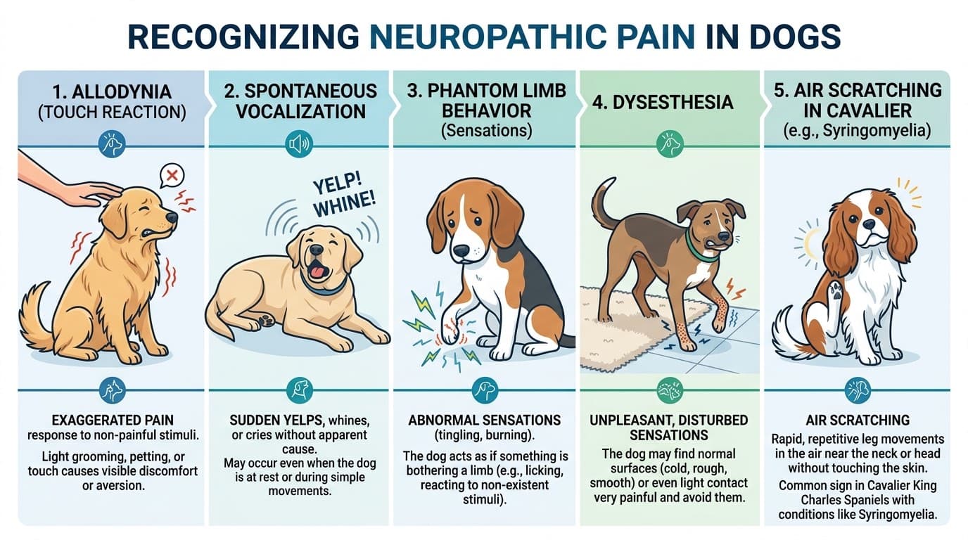 Clinical signs of neuropathic pain in dogs including allodynia and spontaneous vocalization