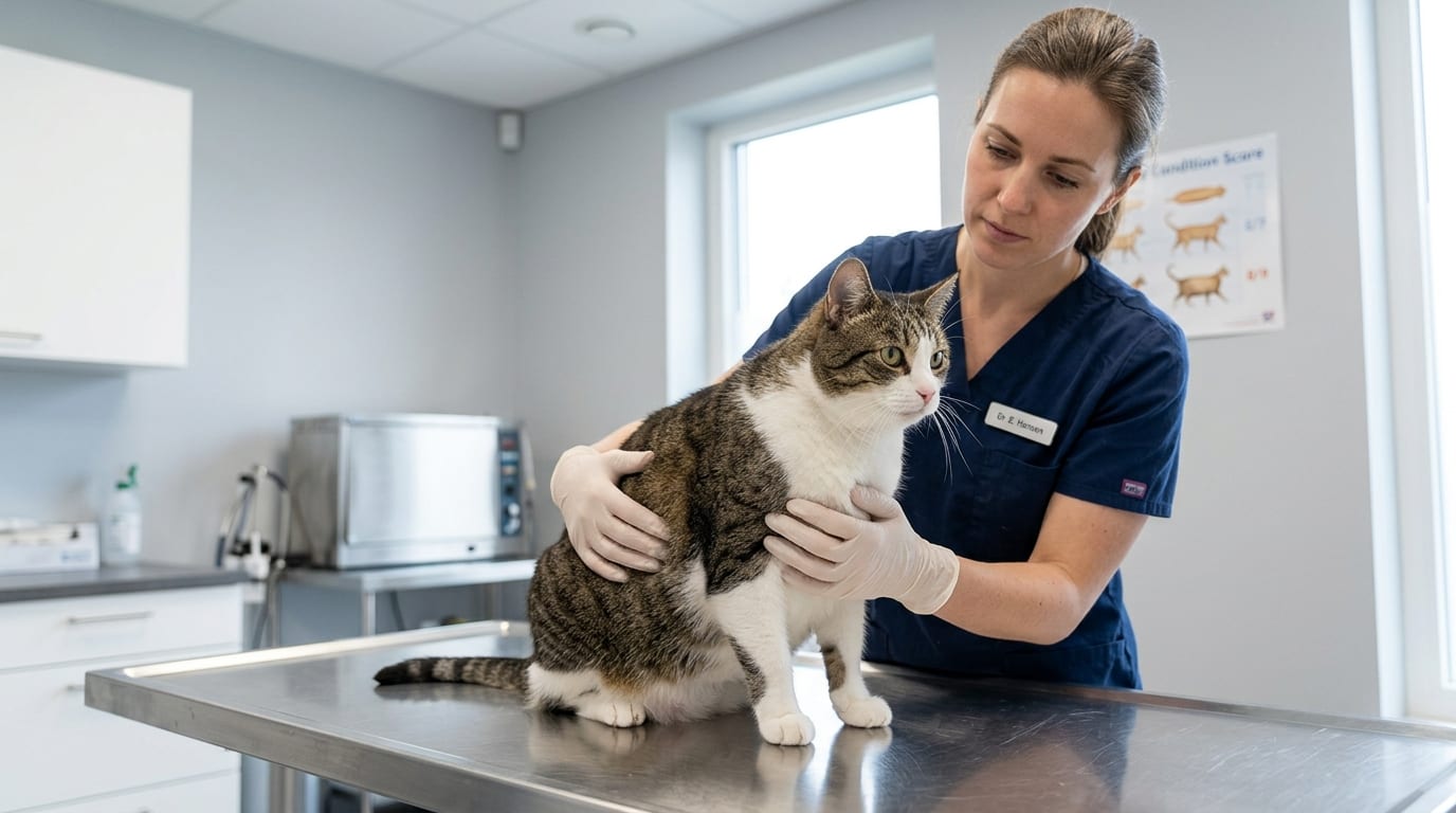 Veterinarian weighing a plump cat on a digital scale during a weight management consultation