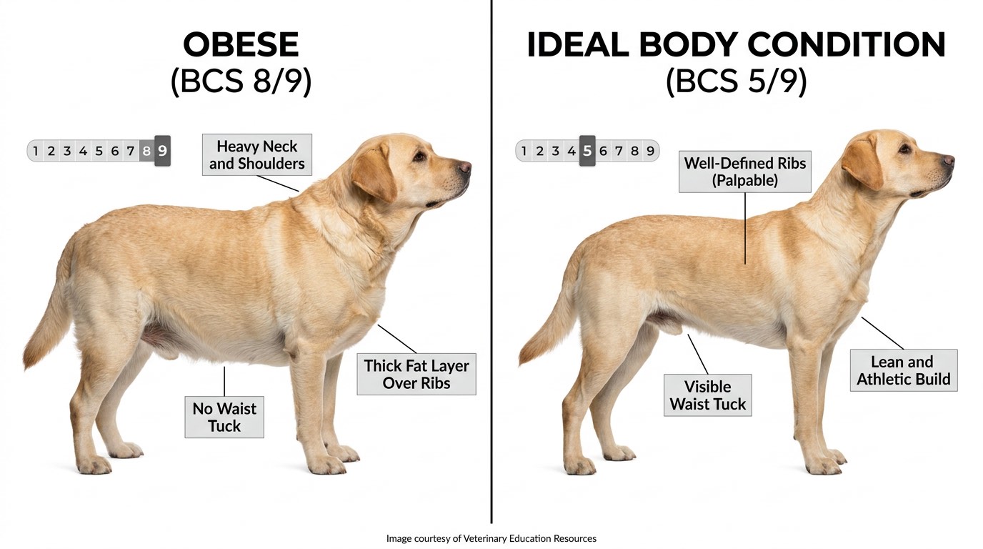 Side-by-side comparison of obese dog with BCS 8/9 and ideal weight dog with BCS 5/9 showing dramatic physical difference