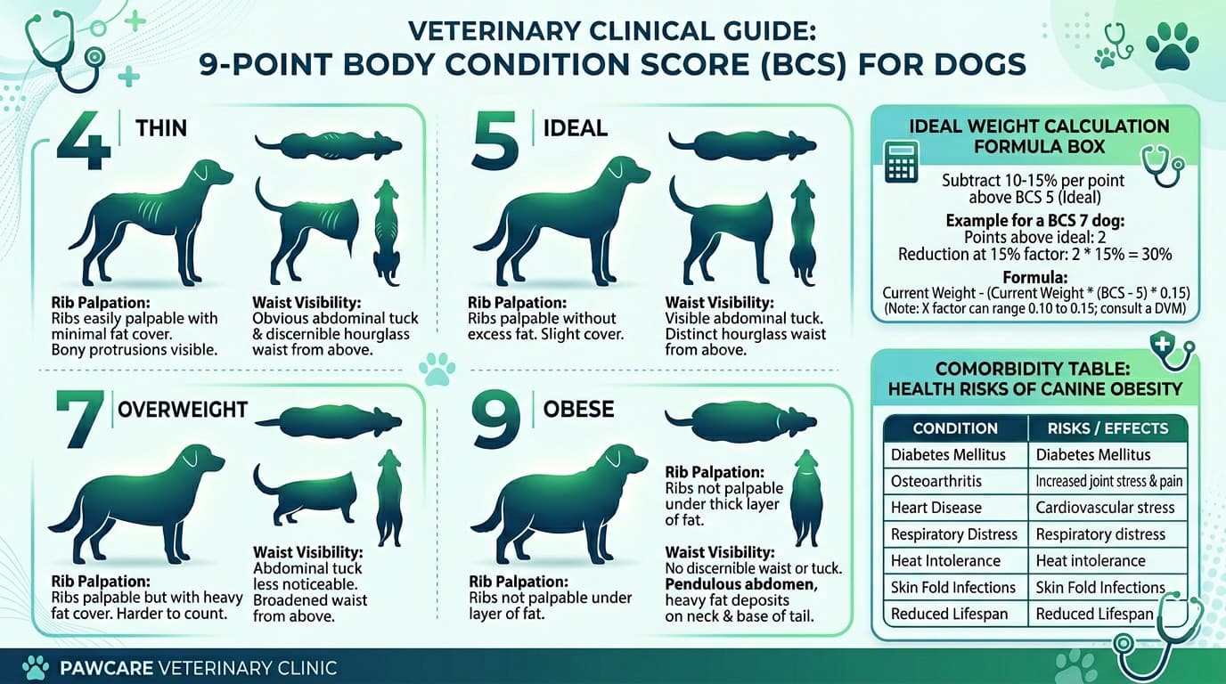 Body condition scoring 9-point scale infographic for dogs and cats with ideal weight estimation guide