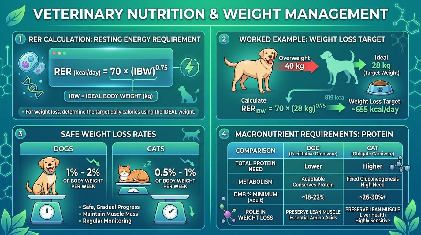 RER calculation formula and weight loss caloric target guide for obese dogs and cats