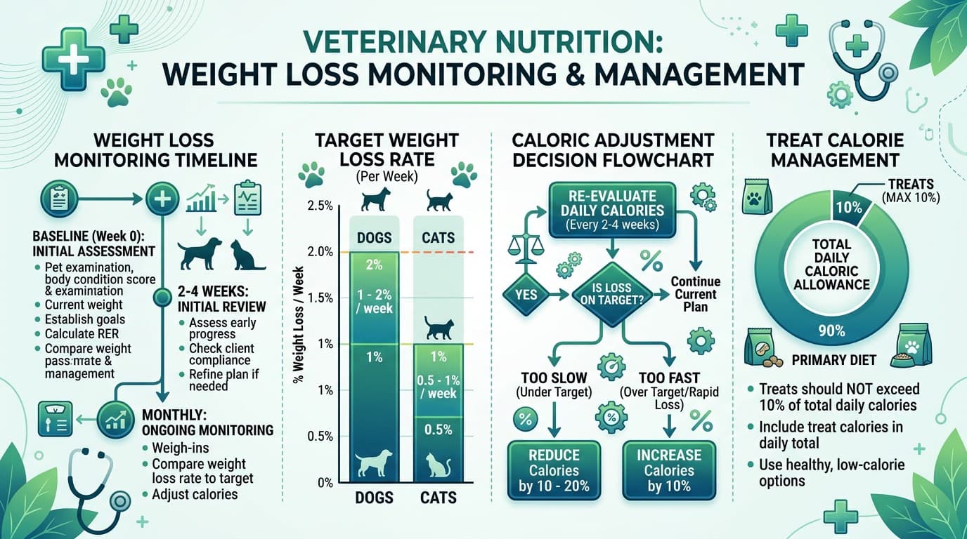 Weight loss monitoring protocol and caloric adjustment guide for obese dogs and cats
