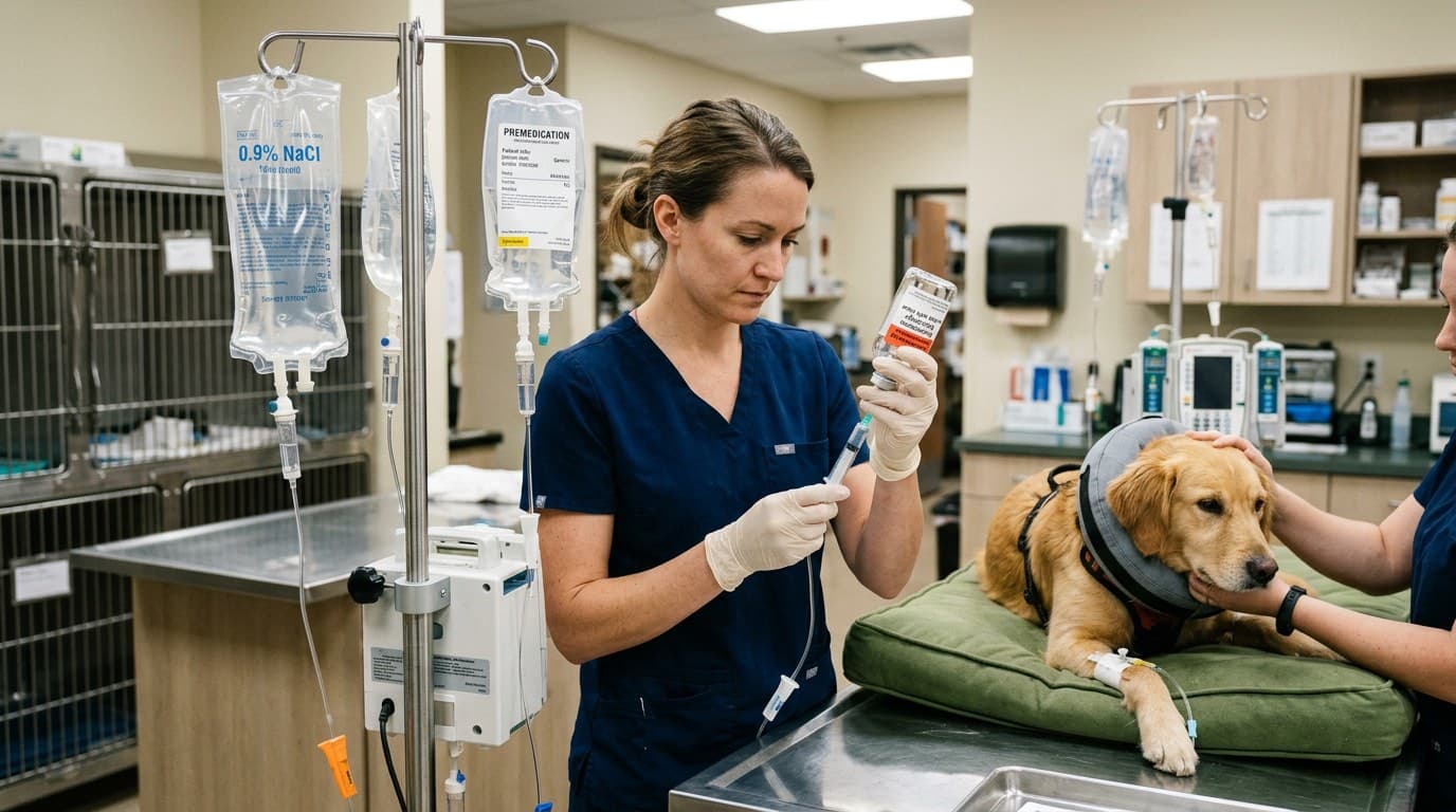 Veterinarian preparing ondansetron IV infusion for a dog receiving chemotherapy