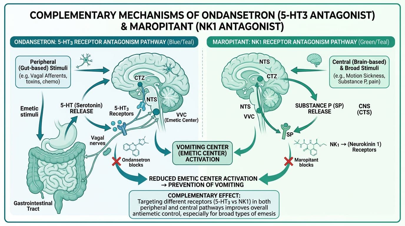 Ondansetron mechanism vs maropitant showing different receptor pathways