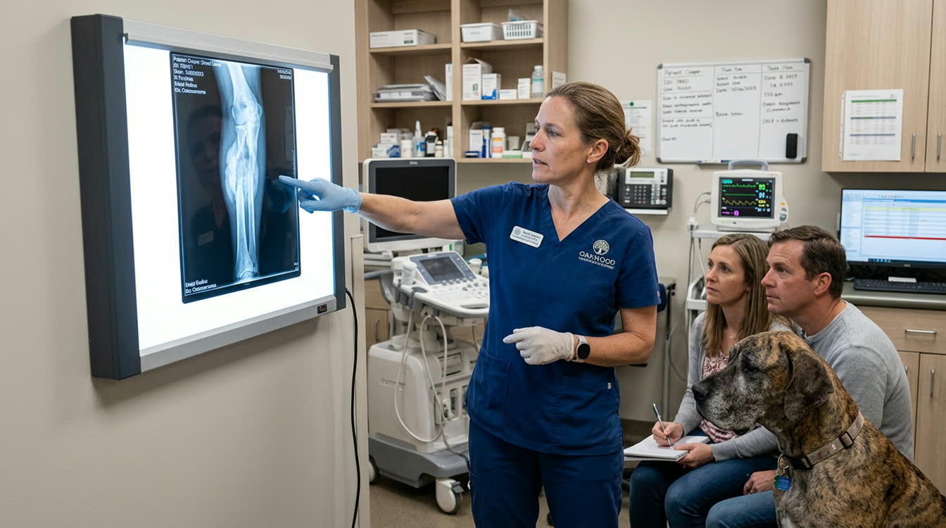 Veterinary oncologist reviewing radiograph showing osteosarcoma in a large breed dog
