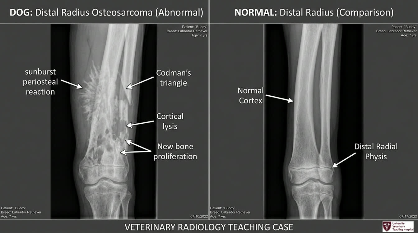 Osteosarcoma radiograph in dog showing sunburst periosteal reaction and Codman triangle