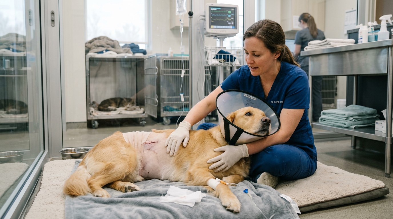 Veterinarian assessing pain in a dog post-surgery