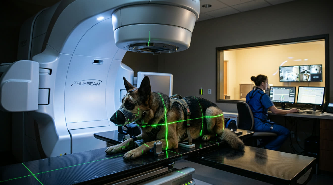 Dog positioned in a veterinary linear accelerator for palliative radiation therapy