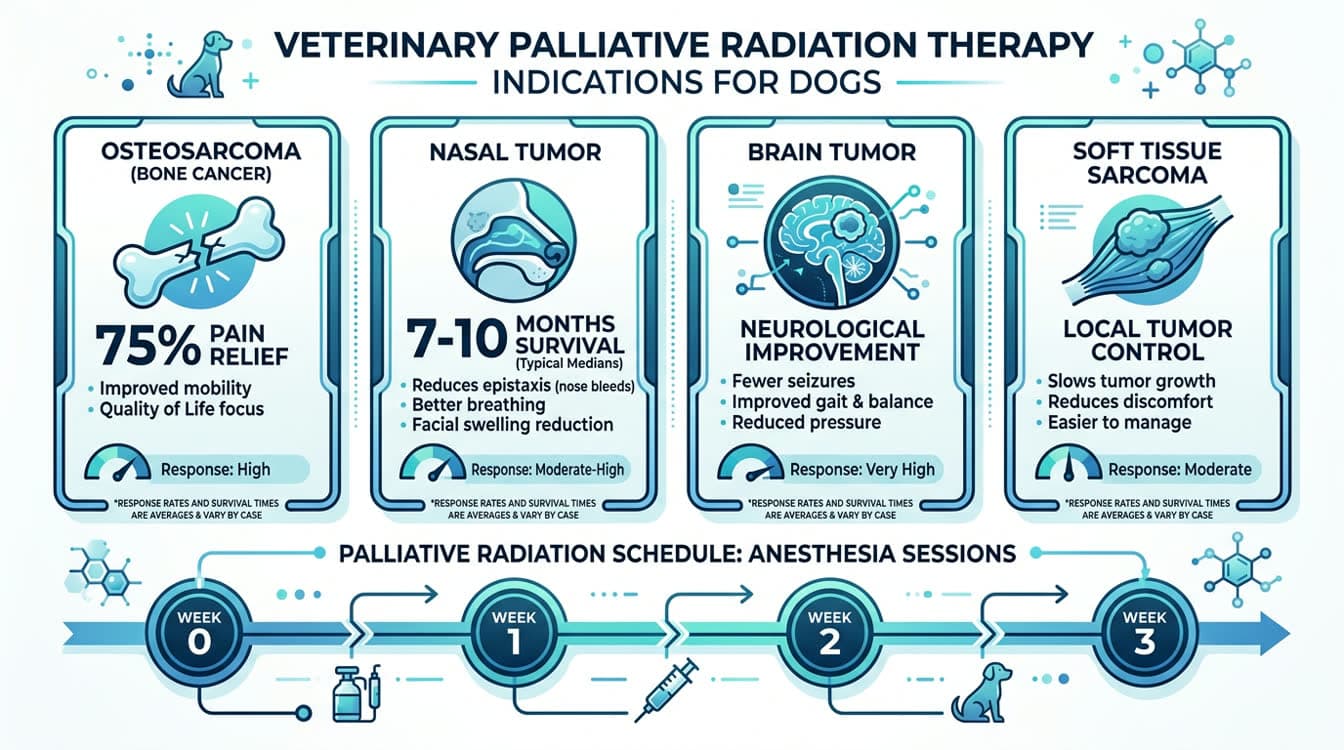 Palliative radiation therapy indications chart for dogs showing tumor types and expected response rates