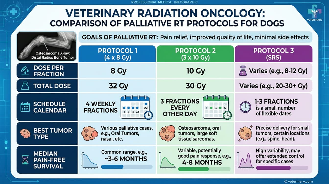 Palliative radiation protocol comparison table: 4x8Gy weekly vs 3x10Gy every-other-day with survival outcomes