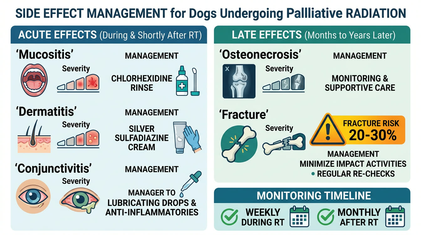 Radiation side effect management guide for dogs showing acute mucositis, dermatitis and fracture risk protocols