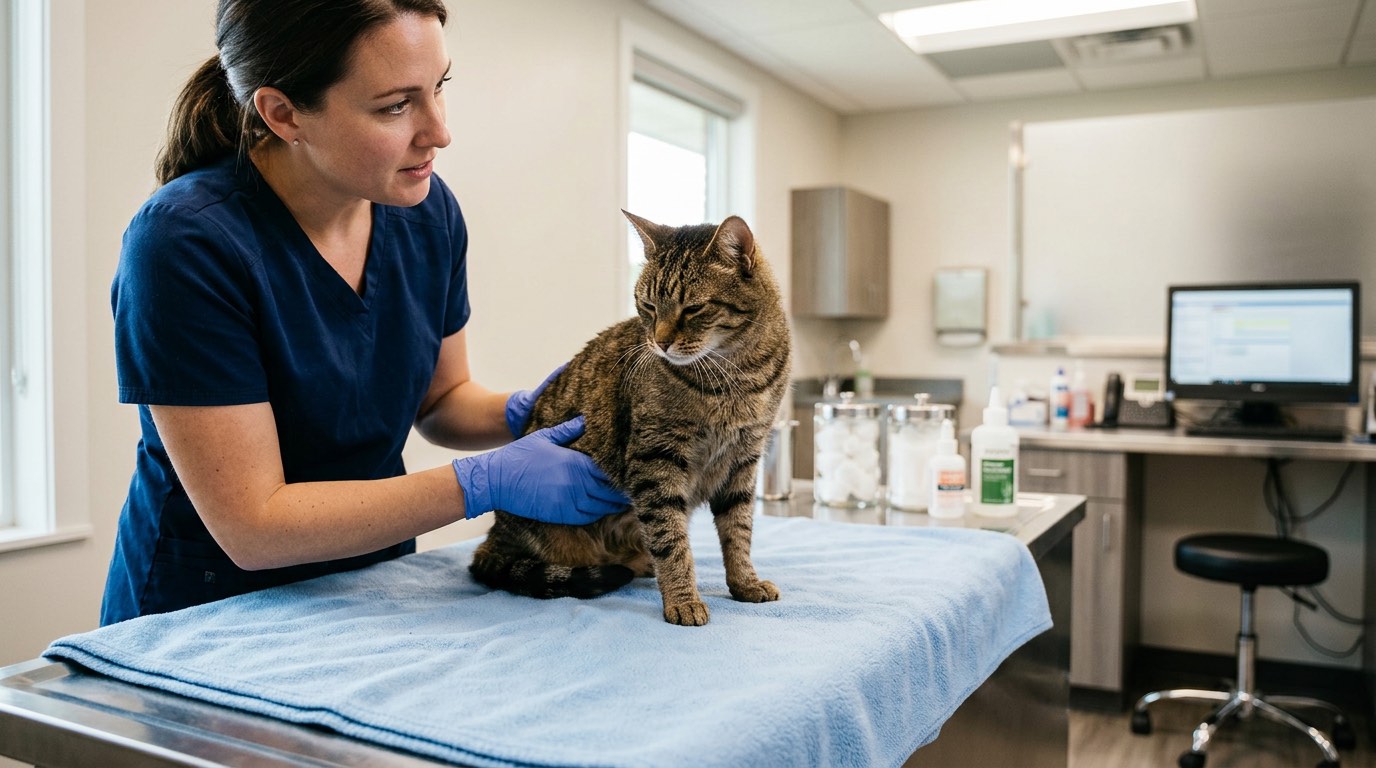 Veterinarian examining a lethargic cat for signs of pancreatitis
