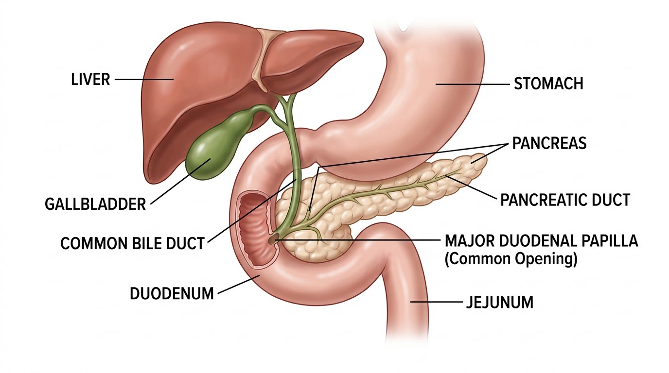 Diagram showing the shared duct anatomy in cats linking pancreas, liver, and intestine