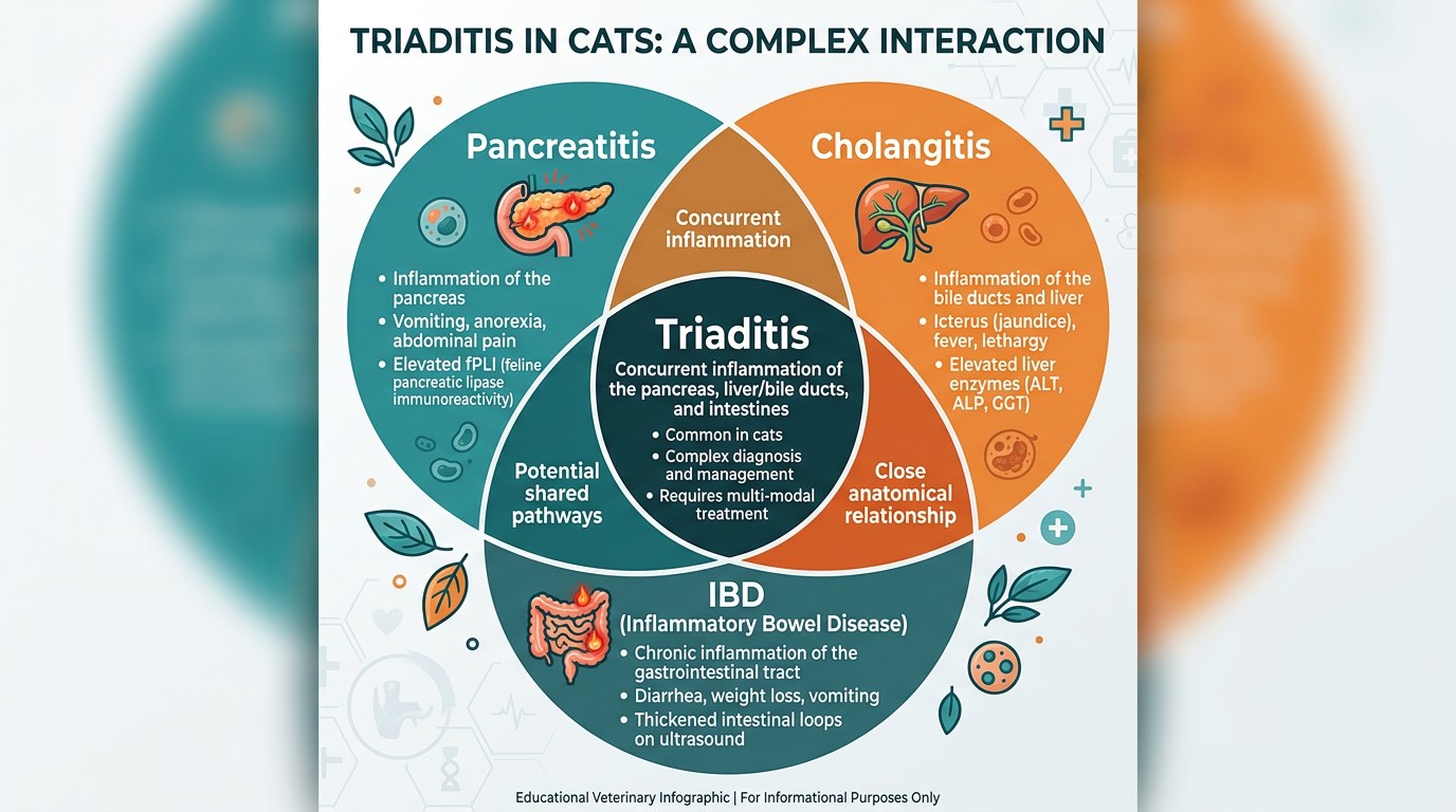 Venn diagram showing triaditis — overlap of pancreatitis, cholangitis, and IBD in cats