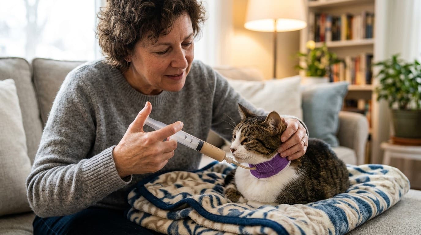 Owner syringe-feeding a cat through an esophageal feeding tube at home