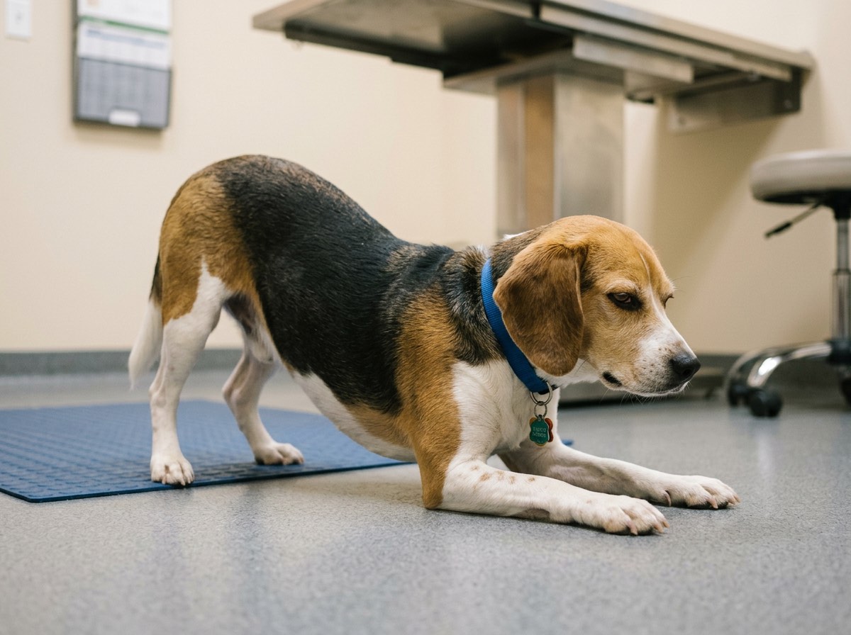 Dog in praying position indicating abdominal pain from pancreatitis
