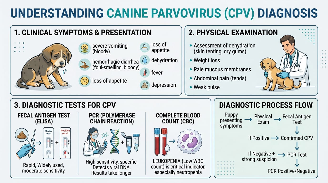 Infographic showing the fecal-oral transmission cycle of canine parvovirus in the environment