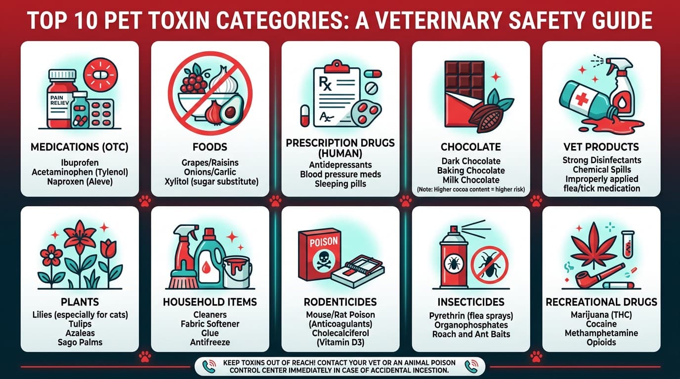 Infographic showing the top 10 pet toxin categories with examples