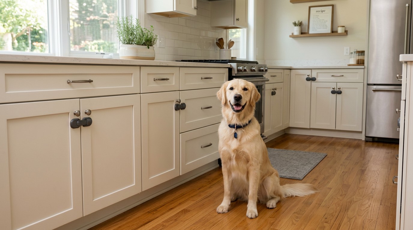 Dog sitting safely in a kitchen with locked cabinets showing pet-safe storage