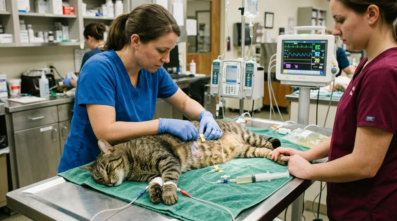 Veterinarian performing thoracocentesis on a cat with pleural effusion
