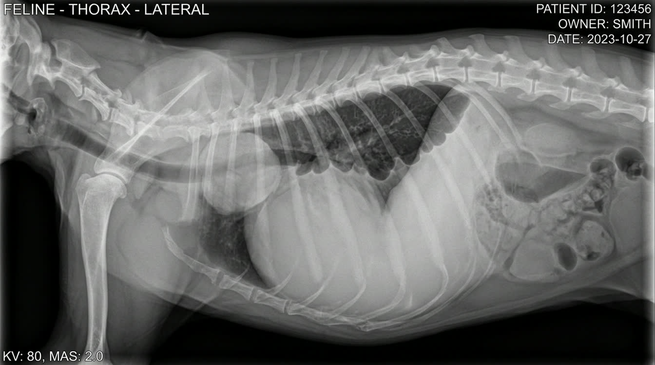 Lateral thoracic radiograph showing pleural effusion with scalloped lung margins