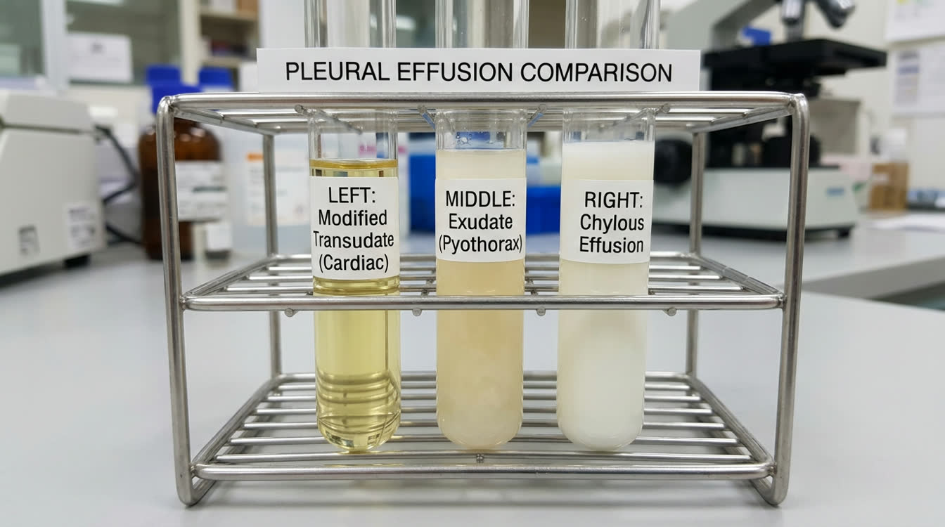 Three tubes of pleural effusion showing transudate vs exudate vs chylous visually