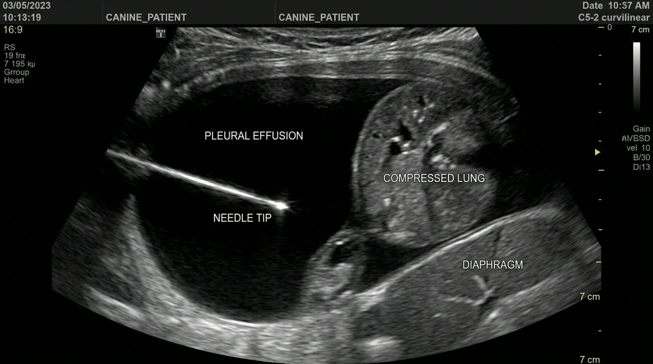 Ultrasound-guided thoracocentesis showing needle in anechoic pleural fluid