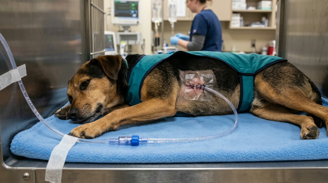 Dog with chest tube and Heimlich valve for pneumothorax drainage management
