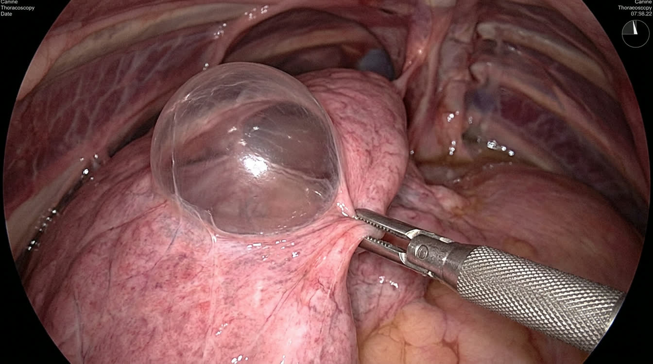 Thoracoscopic view of pulmonary bullae before resection in a dog with spontaneous pneumothorax