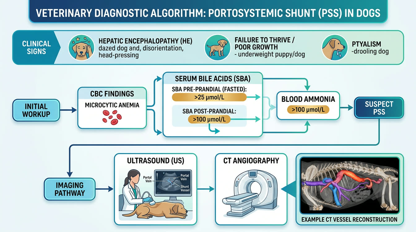 PSS diagnostic algorithm flowchart showing bile acids, ammonia testing, and CT angiography pathway