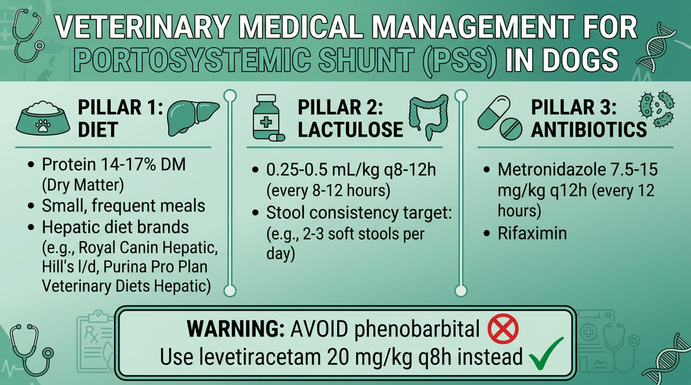 Medical management protocol for PSS in dogs with lactulose dosing, dietary protein targets and antibiotic options