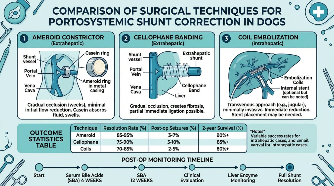 Surgical techniques comparison for PSS in dogs: ameroid constrictor vs cellophane band vs coil embolization with outcome data