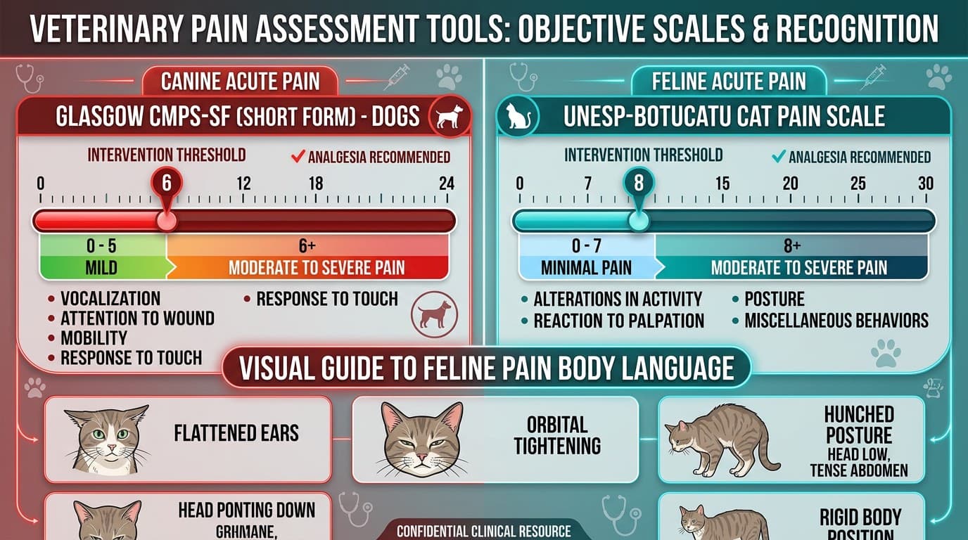 Glasgow CMPS pain scoring guide for dogs and UNESP-Botucatu feline pain scale infographic