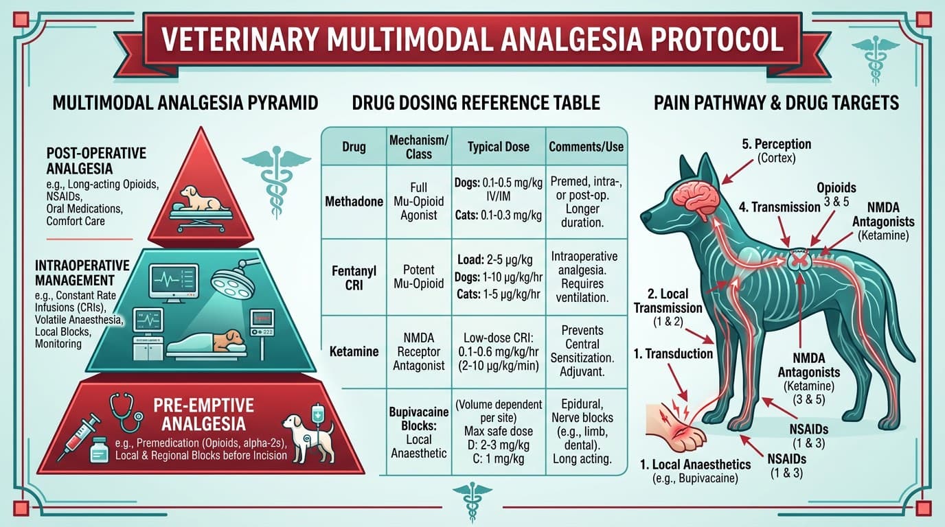 Multimodal analgesia protocol table with intraoperative and post-operative drug dosing for dogs and cats