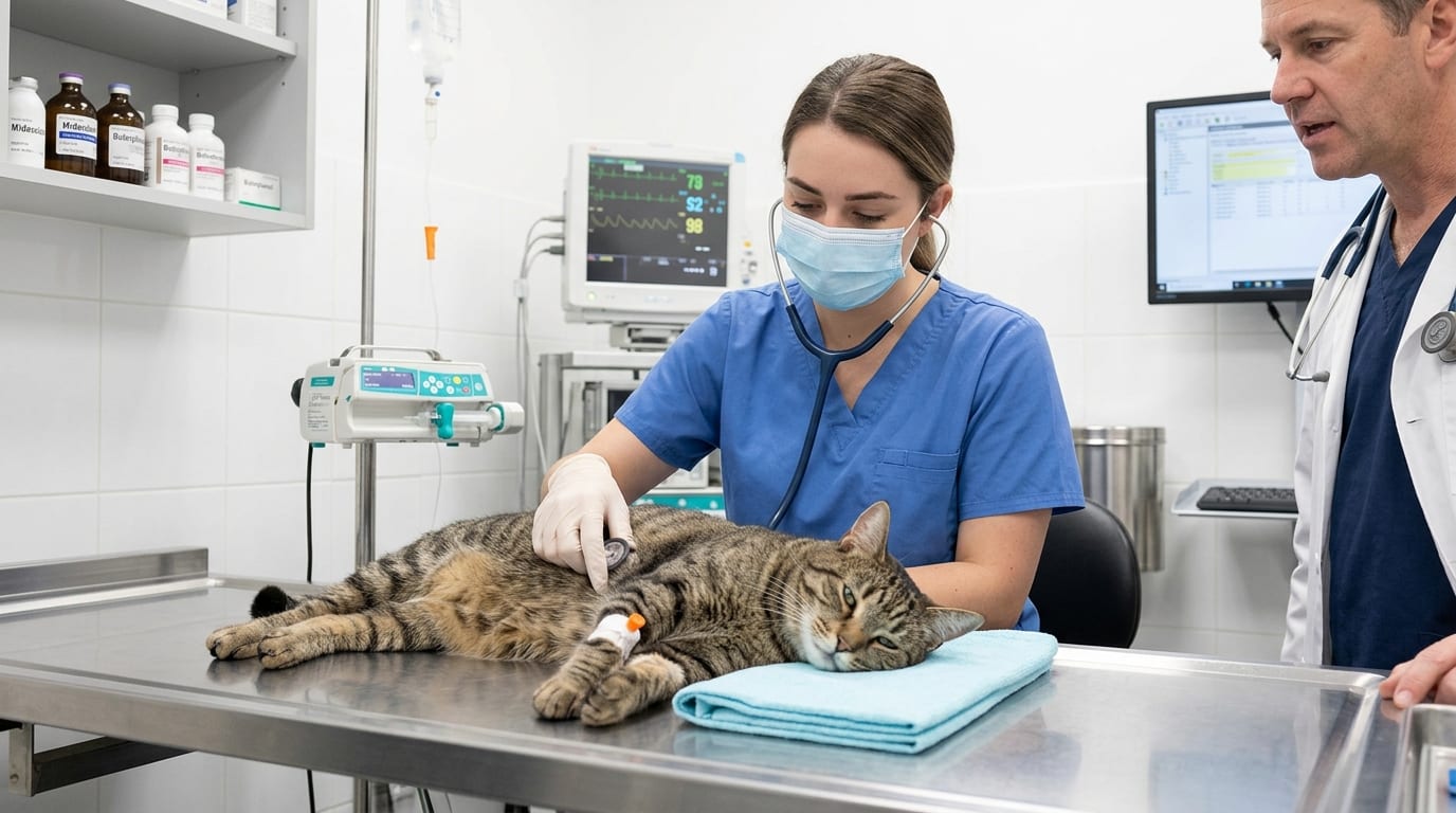 Relaxed cat in veterinary clinic after pre-visit gabapentin sedation allowing comfortable examination