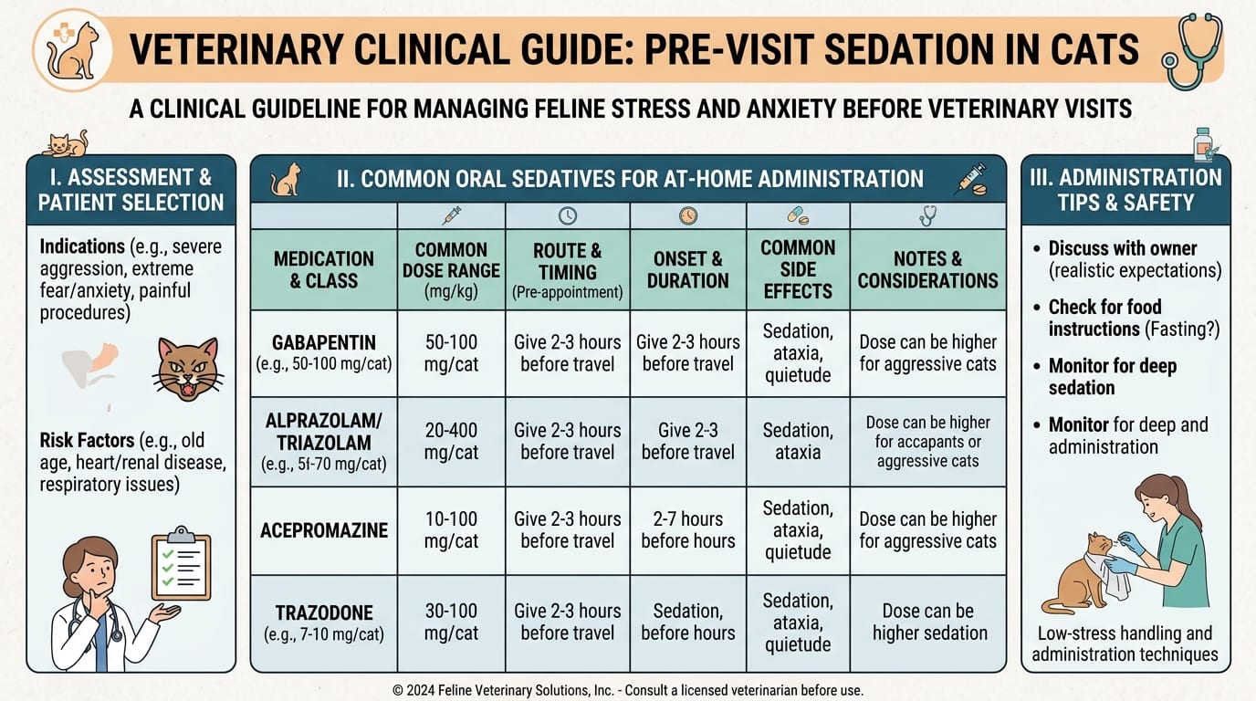 Pre-visit sedation owner instruction card for cats with gabapentin timing, expected effects and monitoring checklist
