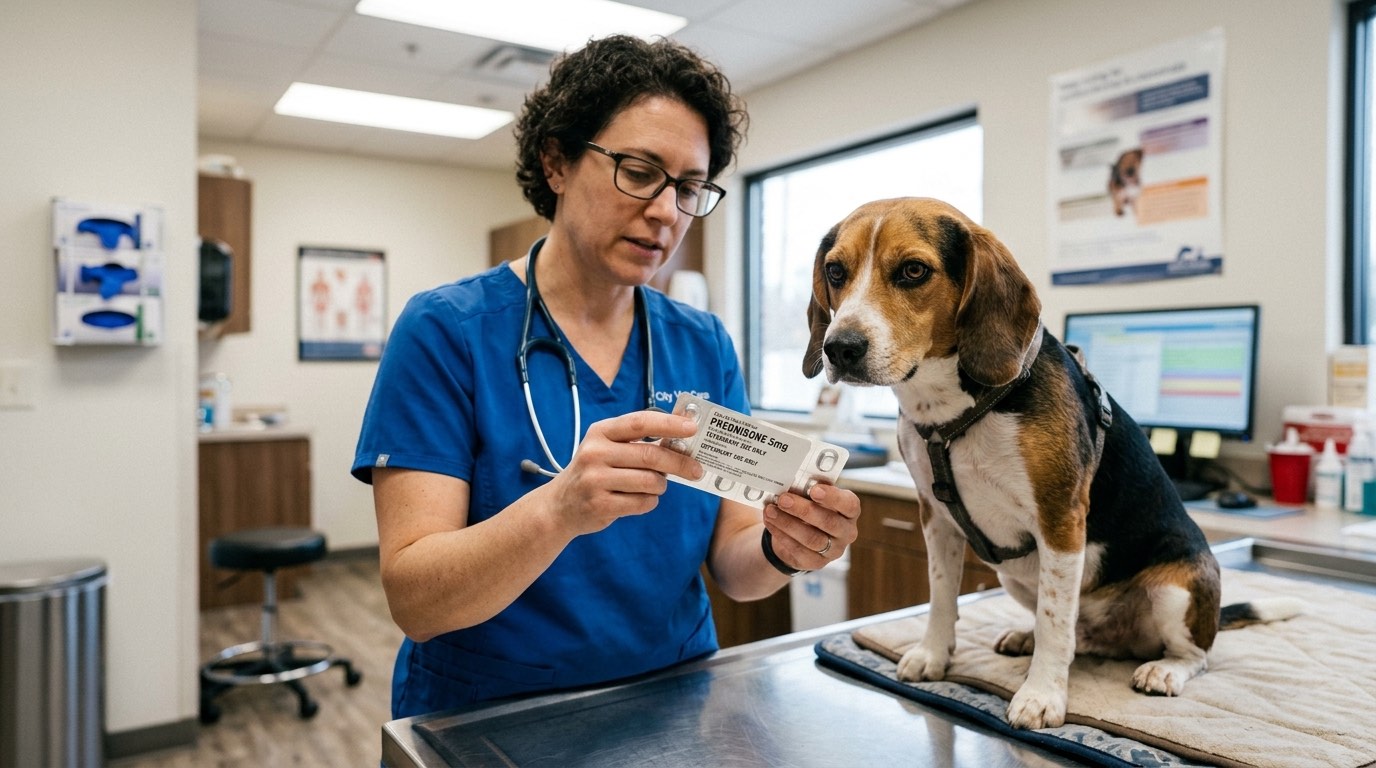 Veterinarian reviewing corticosteroid dosing for a dog patient