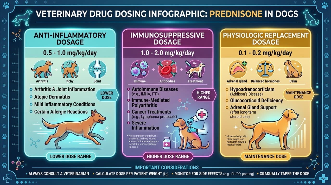 Prednisone dosing chart for dogs organized by indication level
