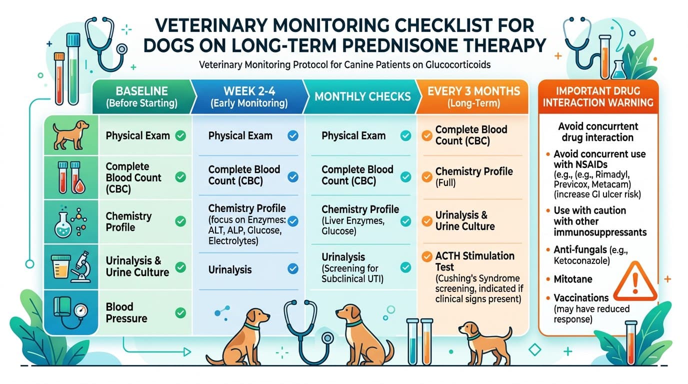 Monitoring protocol infographic for dogs on long-term prednisone
