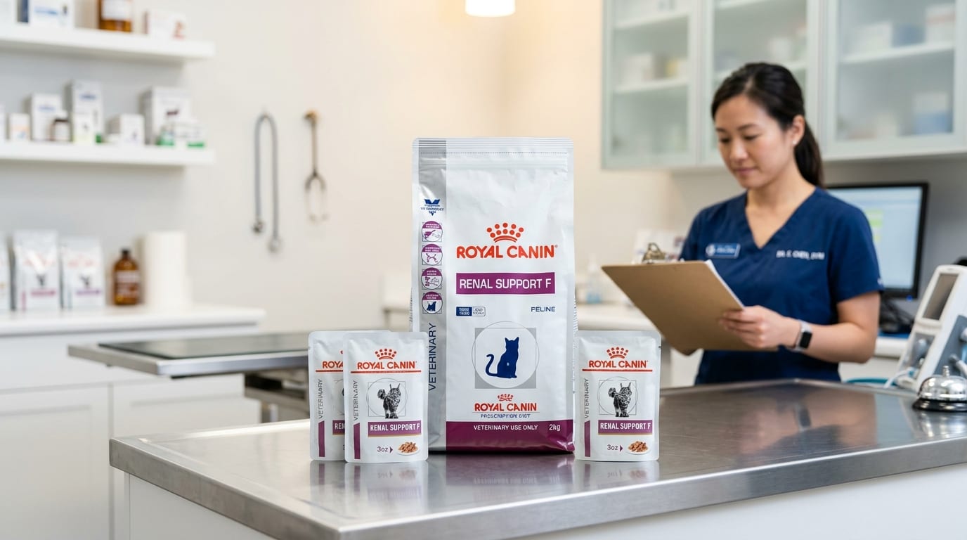 Side-by-side comparison of a cat and dog with chronic kidney disease eating prescription renal diets
